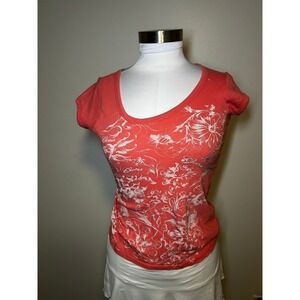 Guess Women Coral Red Floral Graphic Scoop Neck Short Sleeve T-Shirt Y2K